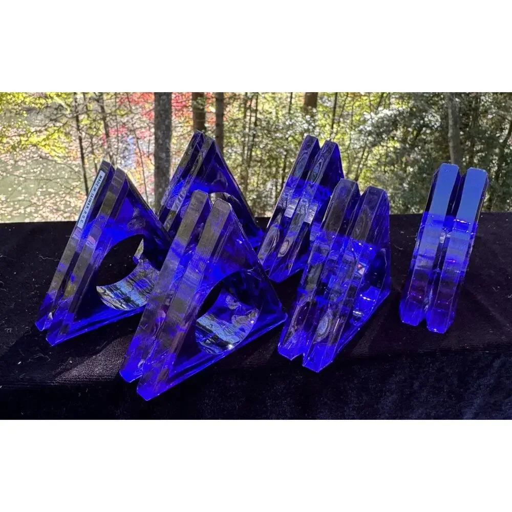 Vtg Cobalt Blue Lucite Triangle Napkin Rings Vintage Set Of 6 Unique -S1DD